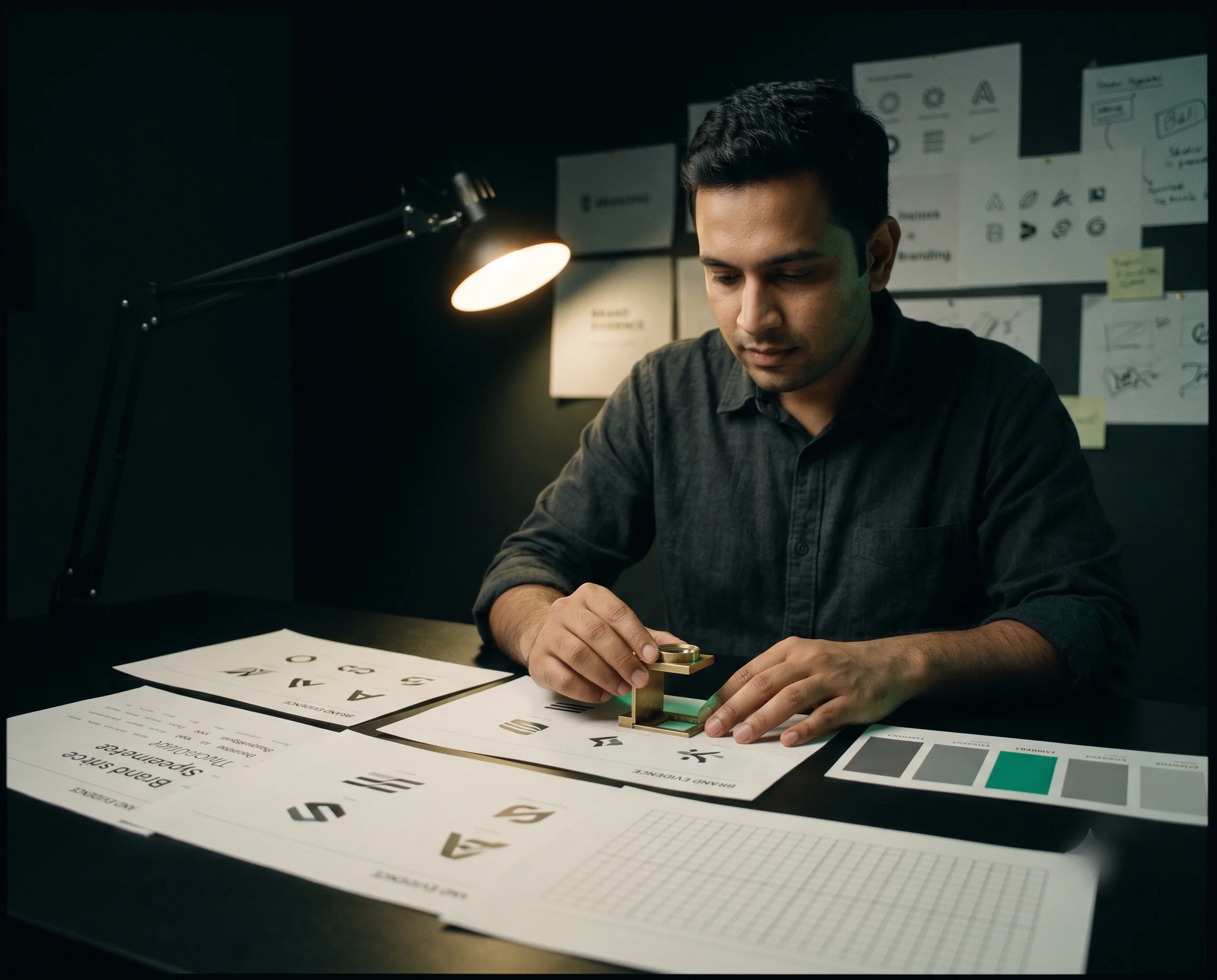 A Liminally strategist examining printed brand evidence under a single desk lamp — a loupe over logo lockups, the type specimen and the colour system — the forensic method in practice.